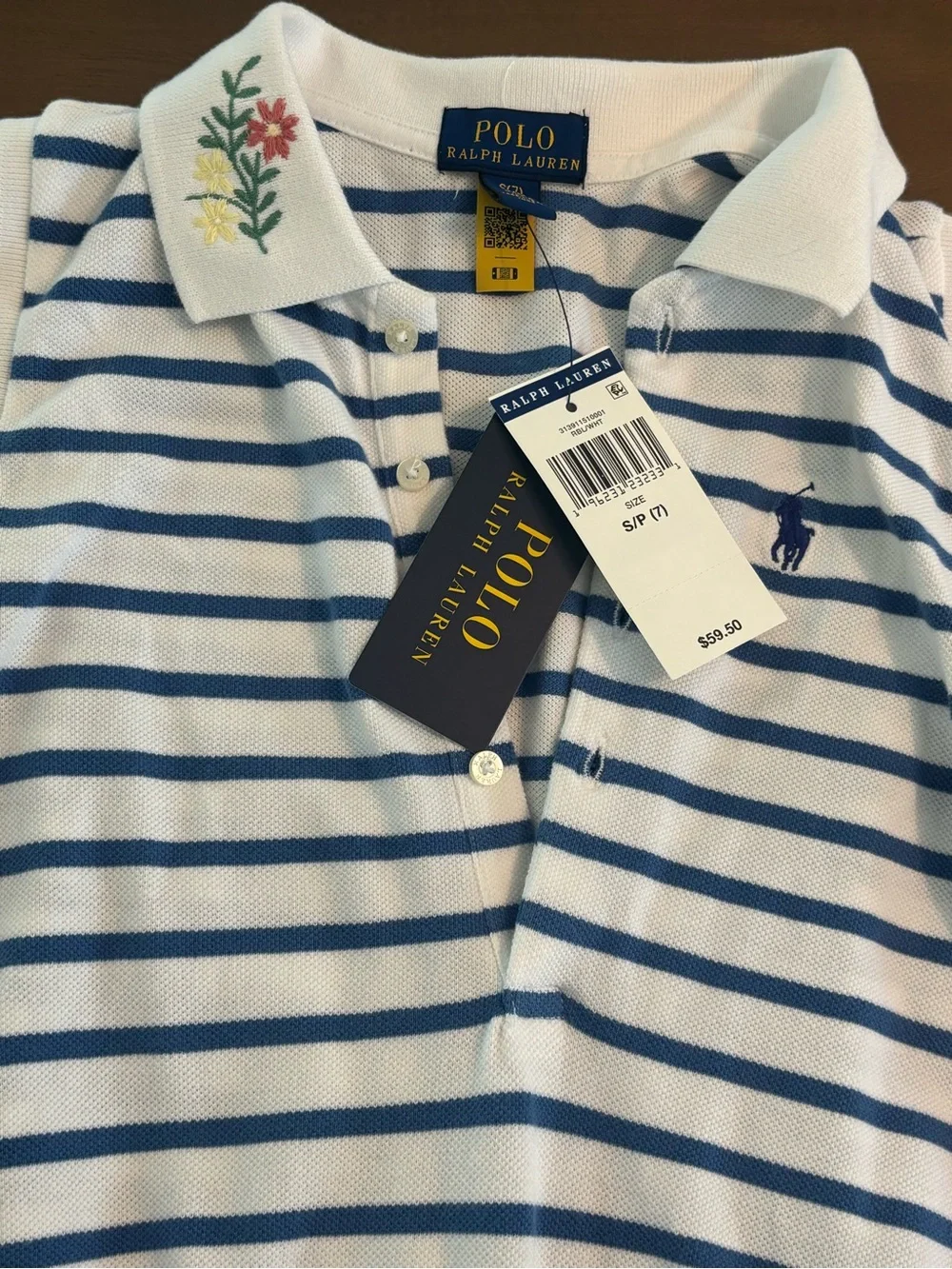 Ralph Lauren Girls White & Blue Striped Floral Polo Romper - S/P (7) NWT